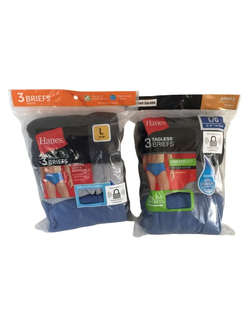 Hanes Men's Tagless Briefs L 36-38" Blue Gray Black 6 Pairs